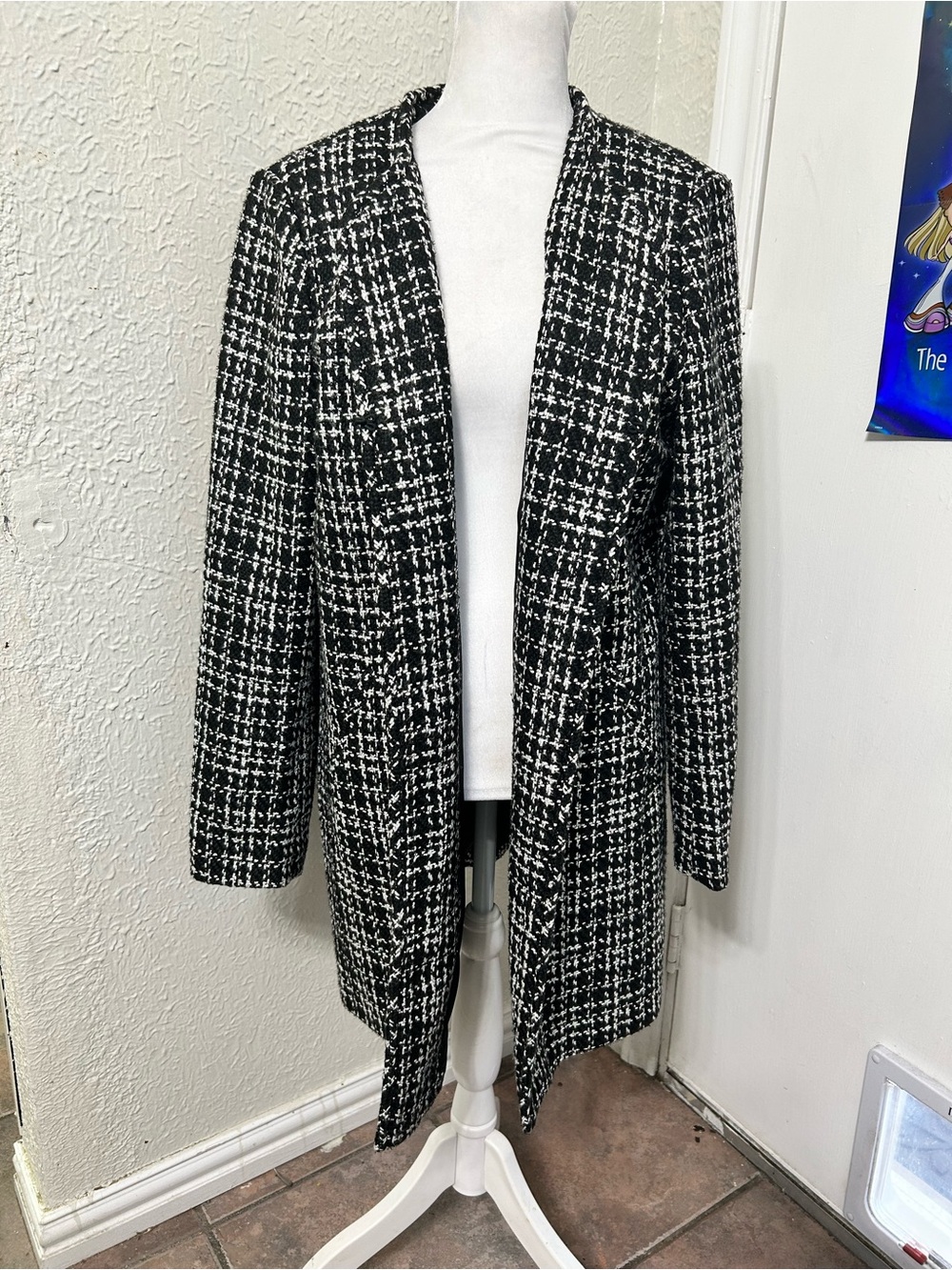 Karl Lagerfeld Black and White Tweed Longline Blazer Coat